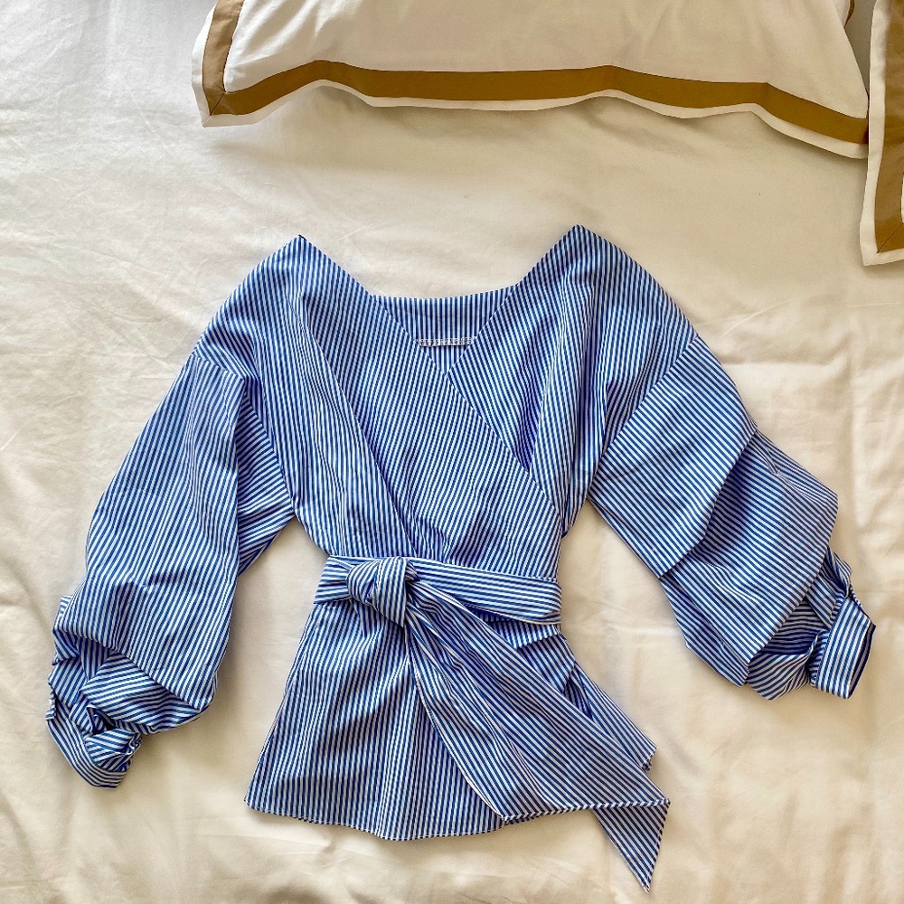 NWOT Blue and White Striped Wrap Front Tie Shirt